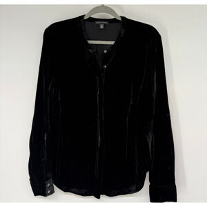 Saks Fifth Avenue Shirt Women L Black Velvet Button Up Long Sleeve Luxe Soft Top